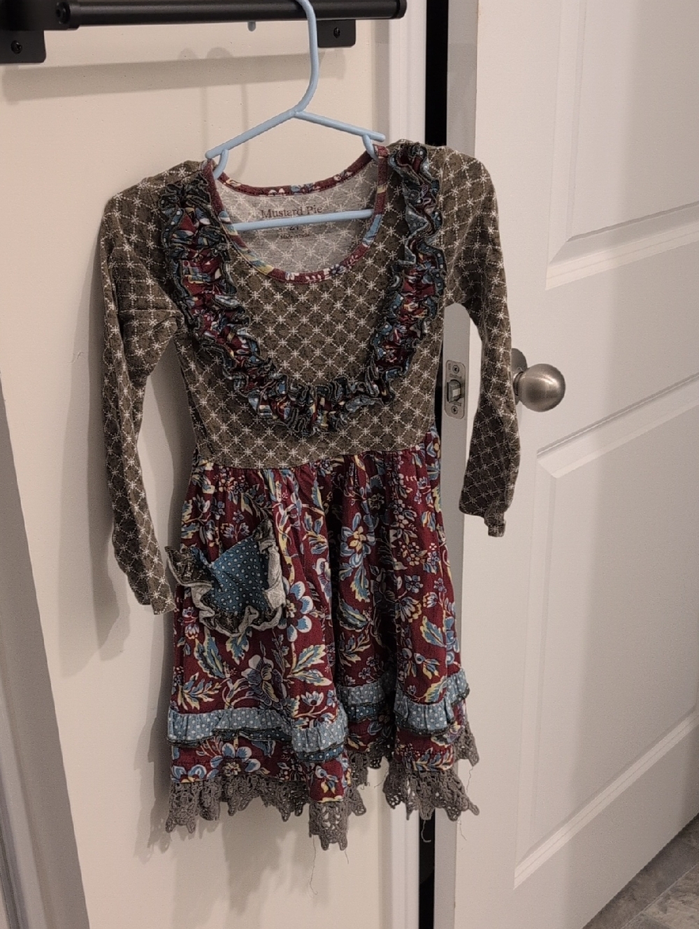 Mustard Pie Girls Boho Floral Ruffle Dress Burgundy & Olive 2T